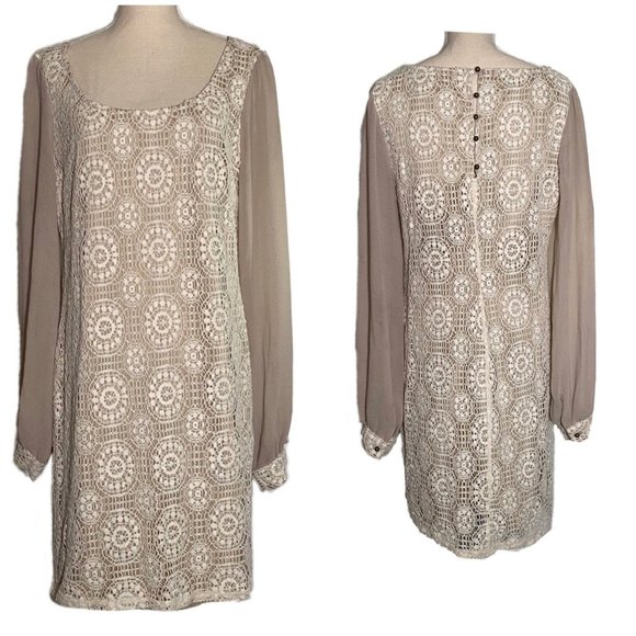love 21 Dresses & Skirts - Love 21- Forever 21 Sheer Longsleeve Lace Dress Size XS Beige
